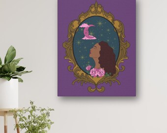Moonlit Muse Canvas Art Print - Celestial Feminine Wall Decor, 8x10 11x14 16x20 Sizes