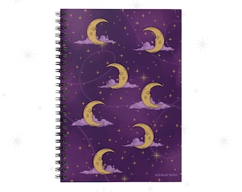 Mystical Moonlit Sky Purple & Gold Hardcover Spiral Notebook - Celestial Moon and Stars Journal