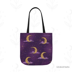 Mystical Moonlit Sky Purple & Gold Tote Bag - Celestial Moon and Stars All Over Print, Witchy Astrology Bag in 3 Sizes with Black Strap