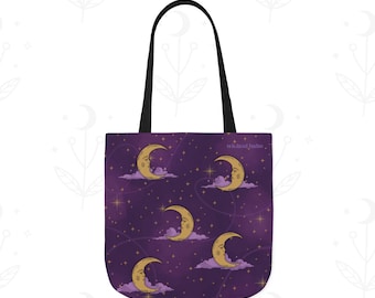 Mystical Moonlit Sky Purple & Gold Tote Bag - Celestial Moon and Stars All Over Print