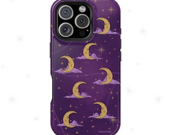 Mystical Moonlit Sky Purple & Gold Phone Case - Celestial Moon and Stars iPhone Samsung