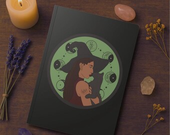 Witchy Woman Journal in Black - Celestial Witch and Black Cat Notebook