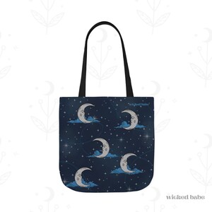 Whimsical Moonlit Sky Blue & Silver Tote Bag - Celestial Moon and Stars All Over Print, Witchy Astrology Bag in 3 Sizes with Black Strap
