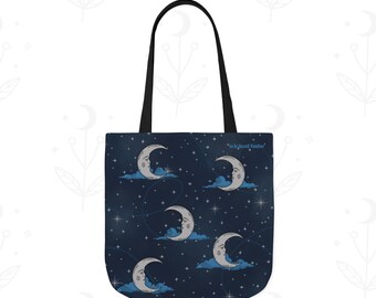 Whimsical Moonlit Sky Blue & Silver Tote Bag - Celestial Moon and Stars All Over Print