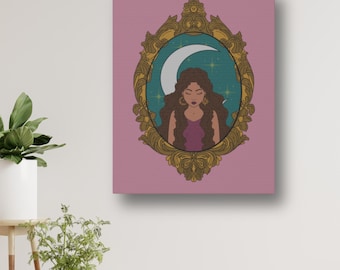 Mystical Moon Goddess Canvas Art - Celestial Feminine Wall Decor, 8x10 11x14 16x20 Sizes