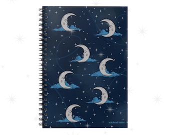 Whimsical Moonlit Sky Blue & Silver Hardcover Spiral Notebook - Celestial Moon and Stars Journal