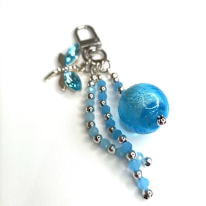 Blue Bag Charm, glass, crystal, hematite beads and a blue glass dragonfly