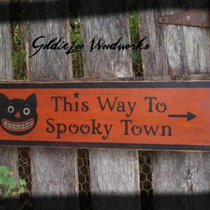 Primitive Art folklorique Halloween Black Cat, signe de mur de ville de Spooky