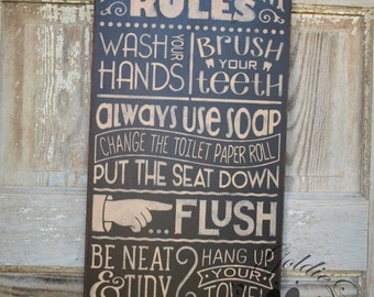Bathroom Rules 3, handmade wall sign