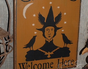 Crows Welcome Here, Folk Art, Halloween, Pine Wall Sign