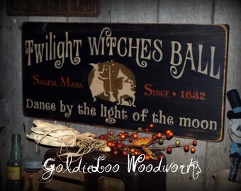 Primitive, Folk Art ,Halloween, Twilight Witches Ball wood sign