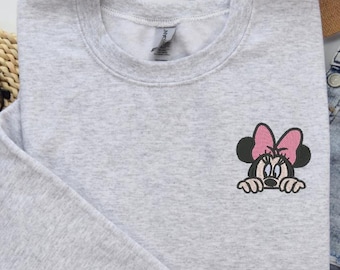 Minnie Mouse Embroidered Sweatshirt, Disney Minnie Kids Hoodie, Cute Pink Pocket Minnie Crewneck, Disney Sweater, Embroidered Disney Gift