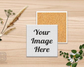 Square Coaster Mockup,  White Ceramic w/ Cork Backing, Transparent Placeholder, Wood Background, Compatible w/ Any Photo Editing Software