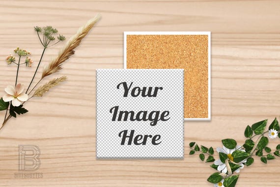 Square Coaster Mockup,  White Ceramic w/ Cork Backing, Transparent Placeholder, Wood Background, Compatible w/ Any Photo Editing Software