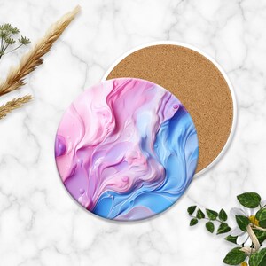 Round Coaster Mockup, White Ceramic with Cork Backing, Transparent Placeholder, White Marble Background, Compatible w/ Any Photo Editor image 4