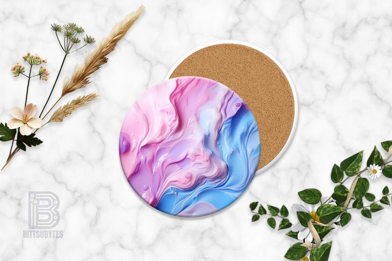 Round Coaster Mockup, White Ceramic with Cork Backing, Transparent Placeholder, White Marble Background, Compatible w/ Any Photo Editor image 4