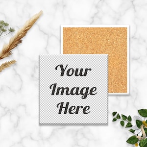 Square Coaster Mockup,  White Ceramic w/ Cork Backing, Transparent Placeholder, Marble Background, Compatible w/ Any Photo Editing Software
