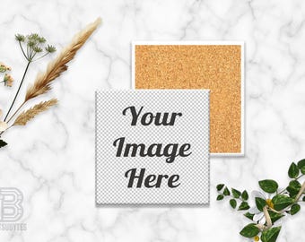 Square Coaster Mockup,  White Ceramic w/ Cork Backing, Transparent Placeholder, Marble Background, Compatible w/ Any Photo Editing Software
