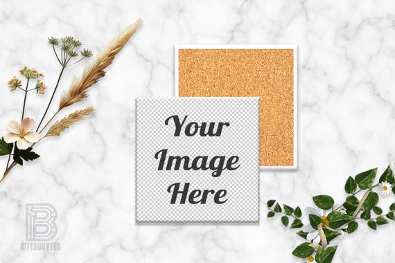 Square Coaster Mockup,  White Ceramic w/ Cork Backing, Transparent Placeholder, Marble Background, Compatible w/ Any Photo Editing Software