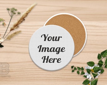 Round Ceramic Coaster Mockup, White with Cork Backing – Transparent Placeholder, Wood Background, Compatible w/ Any Photo Editing Software