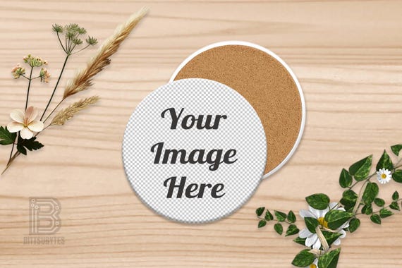 Round Ceramic Coaster Mockup, White with Cork Backing – Transparent Placeholder, Wood Background, Compatible w/ Any Photo Editing Software