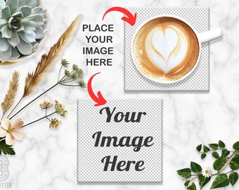 Square Coaster Mockup with Cup of Coffee – 2 Transparent Placeholders, Marble Background, Works with Any Photo Editors