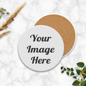 Round Coaster Mockup, White Ceramic with Cork Backing, Transparent Placeholder, White Marble Background, Compatible w/ Any Photo Editor