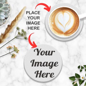 Round Coaster Mockup with Cup of Coffee – 2 Transparent Placeholders, Marble Background, Works with Any Photo Editors