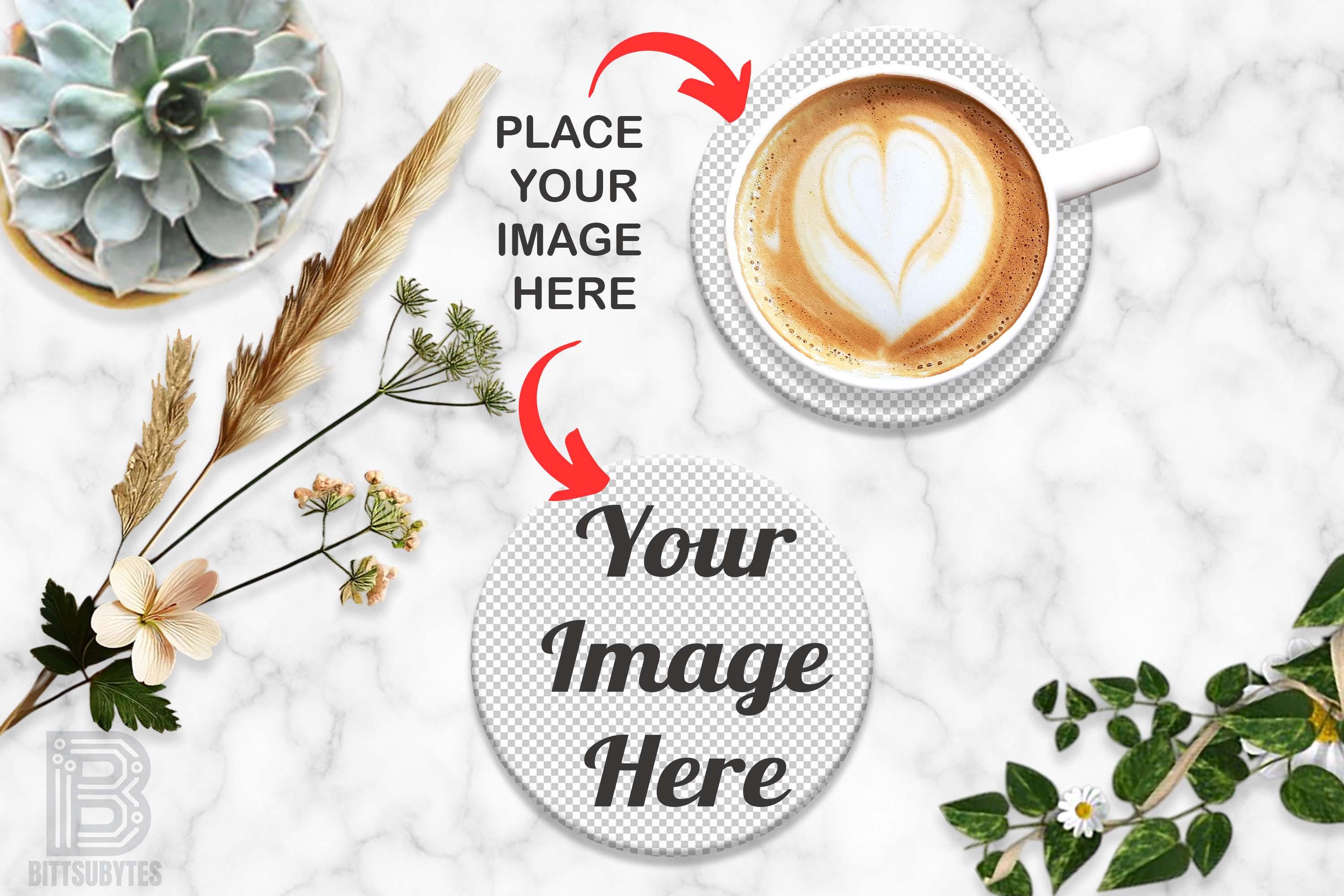 Round Coaster Mockup with Cup of Coffee – 2 Transparent Placeholders, Marble Background, Works with Any Photo Editors