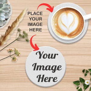 Round Coaster Mockup with Cup of Coffee – 2 Transparent Placeholders, Wood Background, Works with Any Photo Editors