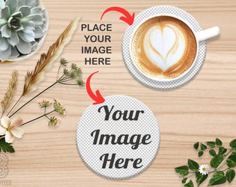 Round Coaster Mockup with Cup of Coffee – 2 Transparent Placeholders, Wood Background, Works with Any Photo Editors