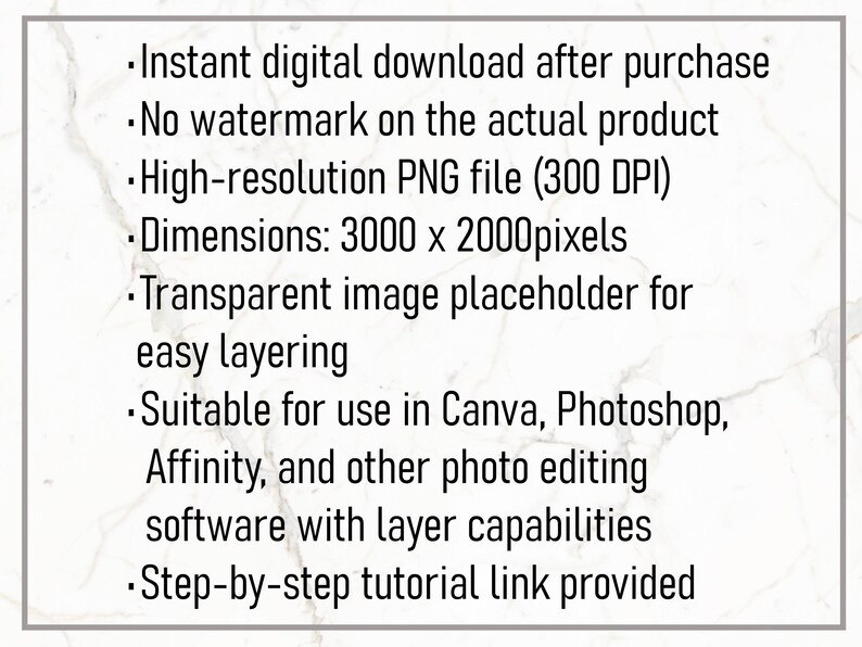Puede incluir: Fondo blanco con texto negro que describe una descarga digital. El texto menciona un archivo PNG de alta resoluci&oacute;n, dimensiones de 3000 x 2000 p&iacute;xeles y compatibilidad con software como Canva y Photoshop.