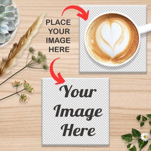 Square Coaster Mockup with Cup of Coffee – 2 Transparent Placeholders, Wood Background, Works with Any Photo Editors