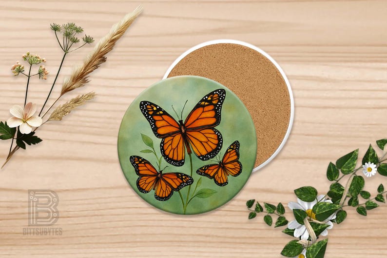 Puede incluir: Posavasos redondo con un dise&ntilde;o pintado de tres mariposas monarca naranjas y negras sobre un fondo verde. Un segundo posavasos con superficie de corcho est&aacute; junto al posavasos de mariposa. Los posavasos est&aacute;n sobre una superficie de madera clara.