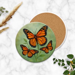 Round Coaster Mockup, White Ceramic with Cork Backing, Transparent Placeholder, White Marble Background, Compatible w/ Any Photo Editor image 2