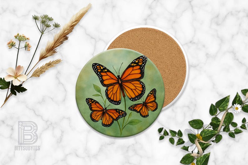 Round Coaster Mockup, White Ceramic with Cork Backing, Transparent Placeholder, White Marble Background, Compatible w/ Any Photo Editor image 2