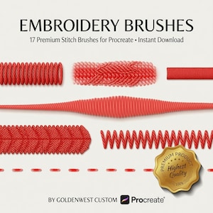 May include: A digital set of 17 embroidery brushes for Procreate featuring various red stitch patterns, including coiled, braided, and dashed lines. The text reads EMBROIDERY BRUSHES, 17 Premium Stitch Brushes for Procreate, and a gold seal.