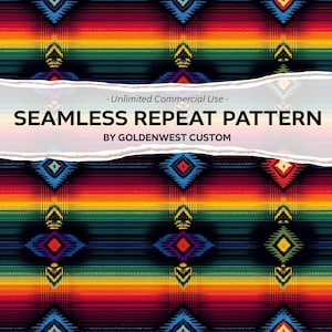 May include: A seamless repeat pattern with a colorful geometric design. The pattern features a combination of red, orange, yellow, green, blue, and black colors. The design is inspired by traditional Mexican textiles.