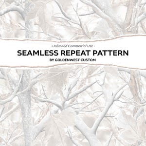 May include: A seamless repeat pattern featuring a white and light gray forest motif with bare tree branches and leaves. The image includes the text: - Unlimited Commercial Use - SEAMLESS REPEAT PATTERN BY GOLDENWEST CUSTOM.