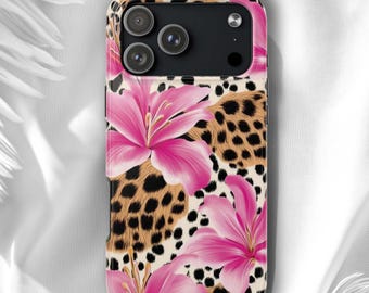 Leopard & Pink Hibiscus Phone Case, Tropical Floral, Animal Print Cover, Y2K Phone Case, Collage iPhone  Cover, Trendy Cute Phone Case