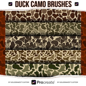 May include: Digital art brushes with a duck camouflage pattern in various shades of brown, green, and tan. The text "DUCK CAMO BRUSHES" is displayed at the top. The Procreate logo is visible at the bottom, along with the text "BY GOLDENWEST CUSTOM."