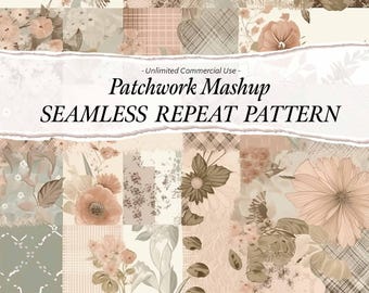 Patrón de patchwork sin costuras, estilo cottagecore, PNG floral vintage, patrón de patchwork de cuadros vichy, PNG floral, PNG de estilo campestre, papel digital para álbum de recortes