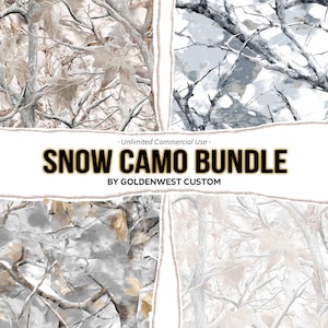 May include: A Snow Camo Bundle graphic with four different snow camouflage patterns. The patterns feature a mix of white, gray, and brown tones, with tree branches and leaves. The text "SNOW CAMO BUNDLE" is displayed in bold, black letters.