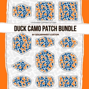 May include: A digital collection of twelve patch shapes featuring a blue and orange camouflage pattern. The text reads DUCK CAMO PATCH BUNDLE, Unlimited Commercial Use, and BY GOLDENWEST CUSTOM. The shapes include circles, hexagons, and rectangles.