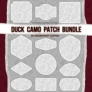 May include: A digital collection of twelve blank patches featuring a light gray and white duck camo pattern in various geometric shapes including circles, rectangles, and shields. The text reads DUCK CAMO PATCH BUNDLE BY GOLDENWEST CUSTOM.