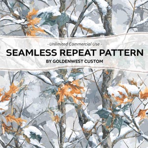 May include: A seamless repeat pattern design featuring a winter forest scene. The design includes snow-covered tree branches, orange leaves, and a muted color palette of gray, white, and brown. The text "SEAMLESS REPEAT PATTERN" is displayed.