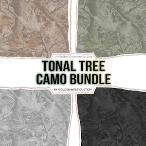 May include: A digital art bundle showcasing four tonal tree camouflage patterns in brown, green, grey, and black. The text reads "TONAL TREE CAMO BUNDLE" and "BY GOLDENWEST CUSTOM".