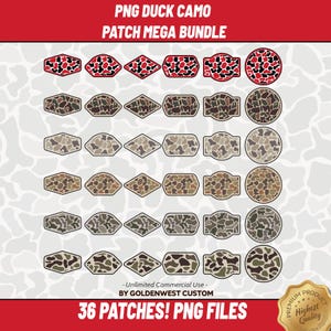 May include: A collection of 36 PNG duck camo patches in various shapes, including diamonds, rectangles, and circles. The patches feature a camouflage pattern in shades of brown, green, and tan, with some patches also including red and black accents. The text "PNG DUCK CAMO PATCH MEGA BUNDLE" is at the top.
