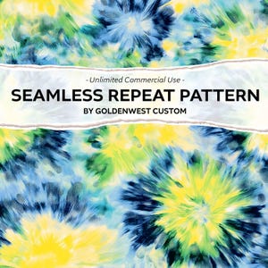 Può includere: Motivo senza cuciture a ripetizione con un design tie-dye in tonalità di blu, verde e giallo. Il motivo è perfetto per creare tessuti, carta da parati o altri articoli decorativi.
