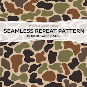 Può includere: Un design a motivo ripetuto senza cuciture con forme organiche nei toni del marrone, verde e nero su sfondo beige. Il design include il testo "SEAMLESS REPEAT PATTERN" e "BY GOLDENWEST CUSTOM" su uno striscione bianco.